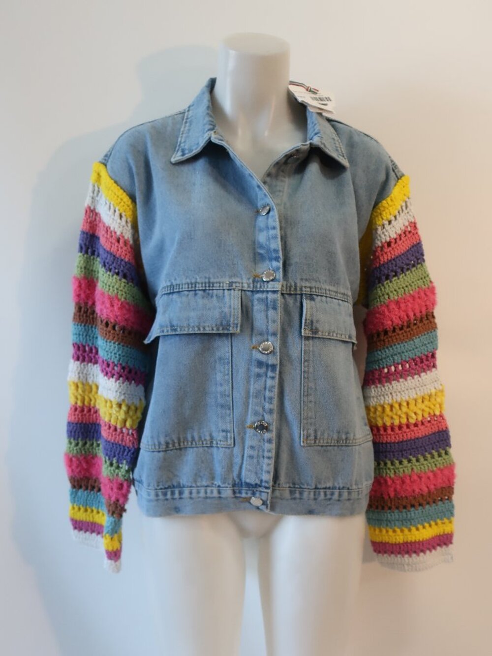 NWT Womens Regina Rainbow Crochet Sleeve (Item- 10) Denim Jacket S - Picture 2 of 7